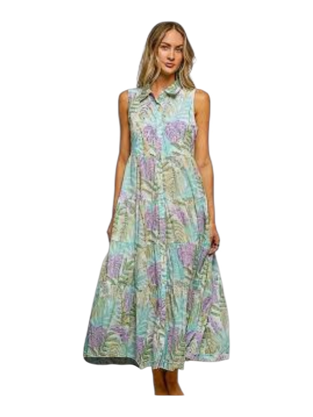 POL Sleeveless Mint Maxi Dress with Lavender Floral Print
